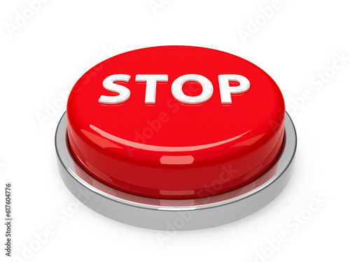 Red stop button isolated on white background, three-dimensional rendering, 3D illustration