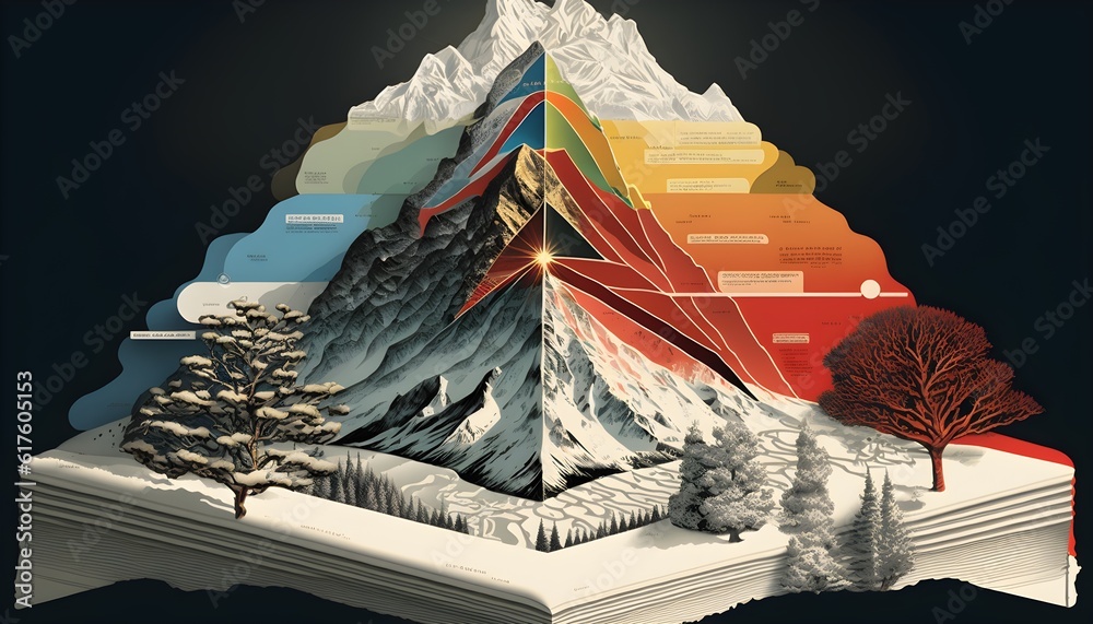 Exploded Mountains Colorful exploded cutaway of a beautiful snow and tree covered mountain ...