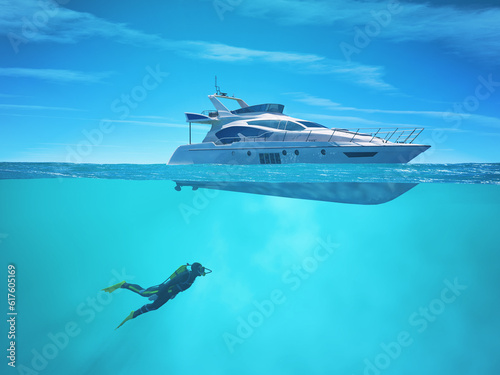 Fototapeta Naklejka Na Ścianę i Meble -  Diver near a cruise ship. This is a 3d render illustration