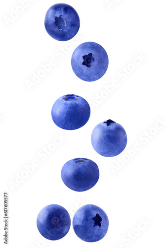 Falling blueberries isolated on white background with clipping path