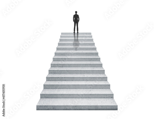 Vision concept. Successful businessman standing on staircase