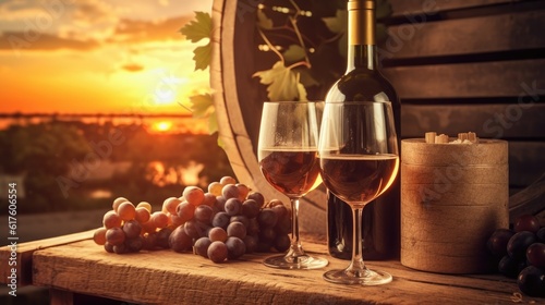 wine and grapes, delicious wine, sunset in the vineyard, Barrel, grapes, wine bottles