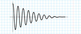 Sinusoid fading signal on blue grid paper. Black curve sound wave on checkered paper. Voice or music audio concept. Pulse line in school notebook. Fading out electronic radio graphic. Vector