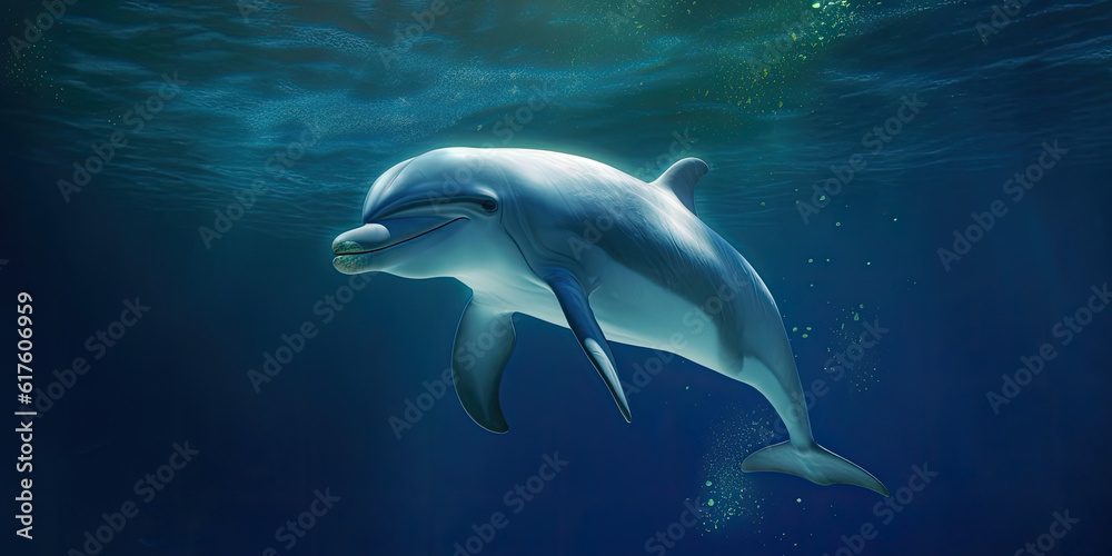 Fototapeta premium Dolphin underwater, Generative AI