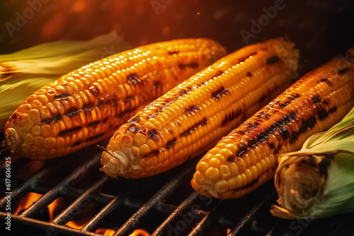 Aromatic grilled corn being prepared on the grill, with a blurry BBQ scene in the background, promises a delicious and flavorsome dining experience. Generative AI.