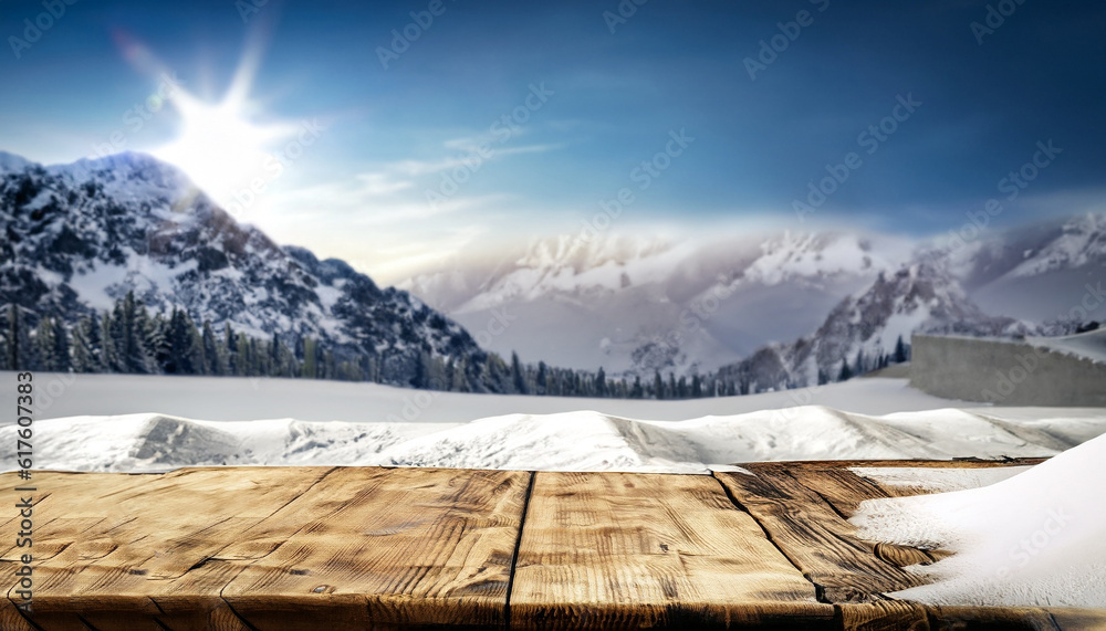 Desk of free space and winter landscape of mountains. Desk of free space and winter landscape of mountains.