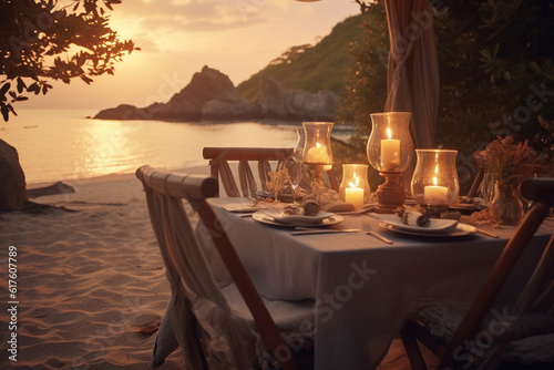 Romantic dinner table is beautifully arranged beside beach  embracing the enchanting ambiance of sunset twilight  creating a perfect setting for unforgettable evening. Generative AI.