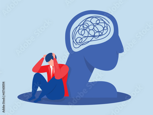  Depressed ,man sitting on floor and stress disorder Mental health Depression, bipolar disorder confusion concept Vector illustration
