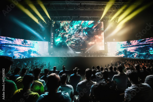 esports arena, filled with cheering fans and colorful LED lights. Players compete on a large stage in front of a massive screen displaying the game, generative AI © Kien