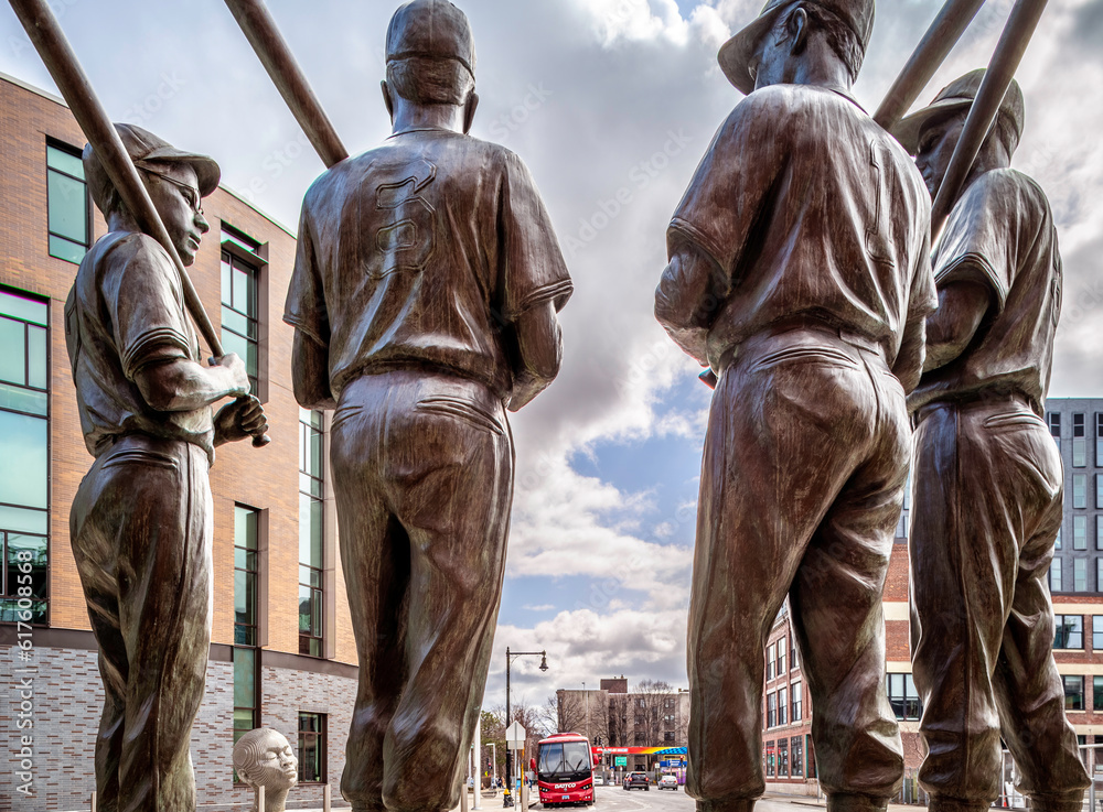 The Fenway Park stadium decoration with the statue of its three most