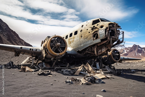 An old crashed plane sitting in the ground