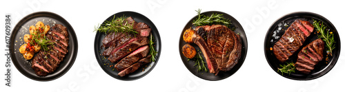 Set of top view Beef steak meat cutting in a black plate, t bone, Wagyu Beef Steak, rib eye, isolated on white transparent background, ai generate