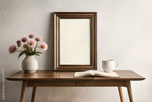  interior designs with table  lamp  and books with vase of flowers Generative Ai