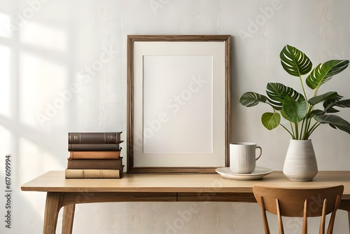 interior designs with table, lamp, and books with vase of flowers Generative Ai