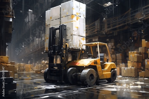 forklift drives along the industrial warehouse realistic, stacks of moving boxes light and dark tones, Streamline Pallet and Box Loading Process, illustrations Generative AI © ParinApril