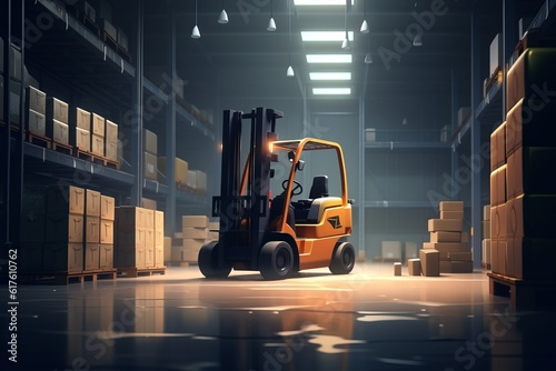 forklift drives along the industrial warehouse realistic, stacks of moving boxes light and dark tones, Streamline Pallet and Box Loading Process, illustrations Generative AI