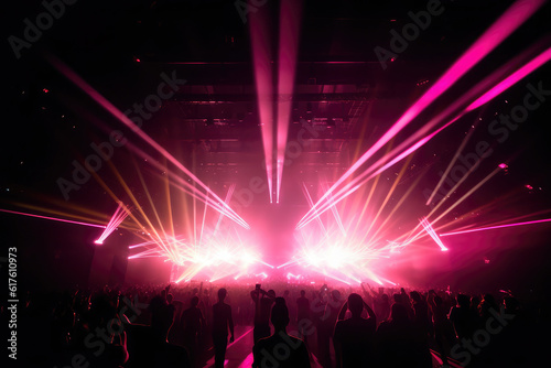 Panorama live music concert crowd and audience with beams light show and concert lighting. Edm electronic techno music festival or rock show performance with crowded people silhouette