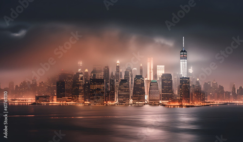 New York City on a foggy night with glowing lights, Night traffic in the city