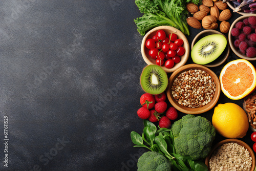 Healthy food clean eating selection: fruit, vegetable, seeds, superfood, cereals, leaf vegetable on gray concrete background copy space © kavinda