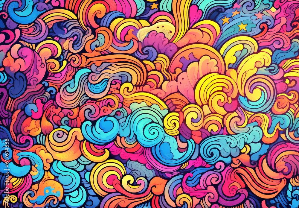 doodle style lines evoke the mesmerizing patterns of rolling sea waves or vibrant clouds in the colorful sky, creating a captivating visual experience. Generative AI.