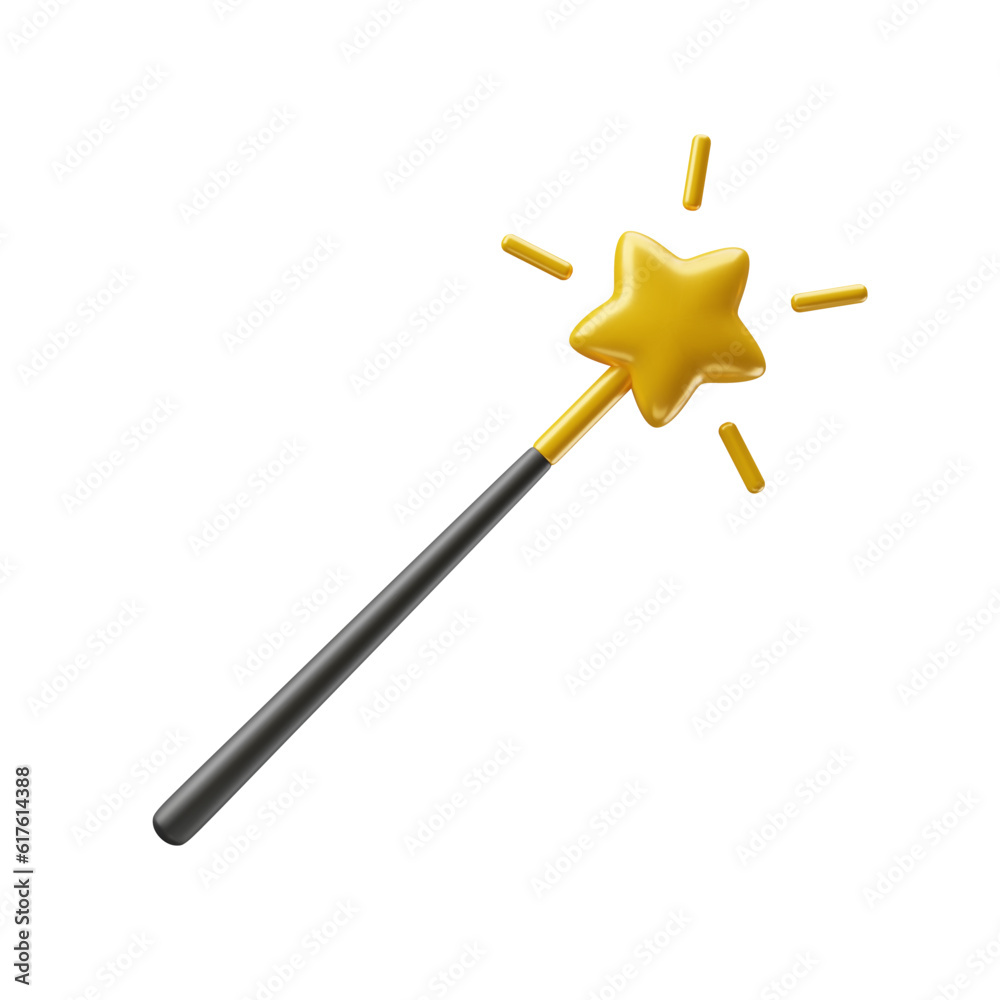 Black magic wand with golden star and sparkles 3d realistic style rendering. Magician, wizard, fairy, princess accessory vector illustration isolated on white background Black magic wand with golden star and sparkles 3d realistic style rendering. Magician, wizard, fairy, princess accessory vector illustration isolated on white background