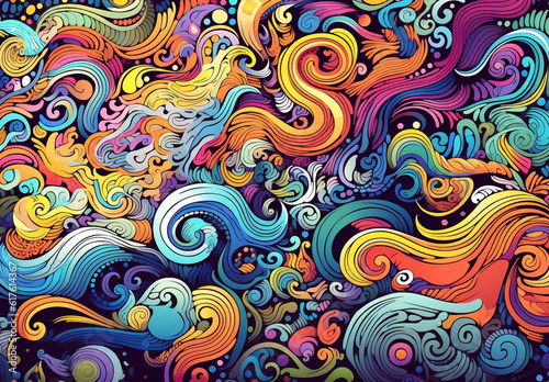 doodle style lines evoke the mesmerizing patterns of rolling sea waves or vibrant clouds in the colorful sky, creating a captivating visual experience. Generative AI.