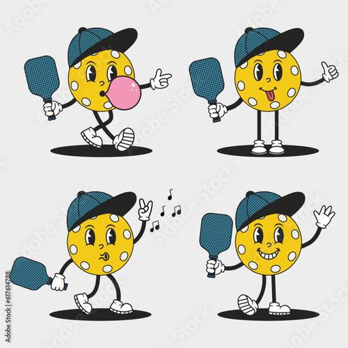 Pickleball ball character set. Funny groovy mascot in cap with racket. Trendy cartoon vector illustration.