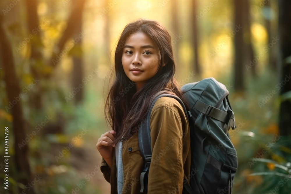 Beautiful Asian backpacker traveling alone in the forest. Attractive young female tourist looks around and explores while walking in the natural forest with joy and fun during holiday trip. Beautiful Asian backpacker traveling alone in the forest. Attractive young female tourist looks around and explores while walking in the natural forest with joy and fun during holiday trip.