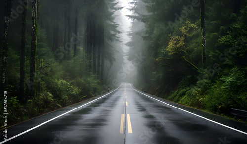 A dark empty two-lane quiet foggy road