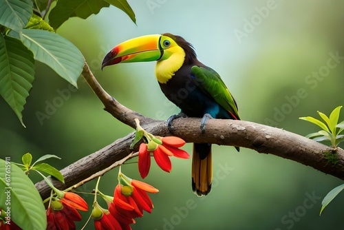 Keel-billed Toucan sitting on branch of tree generated by AI tool