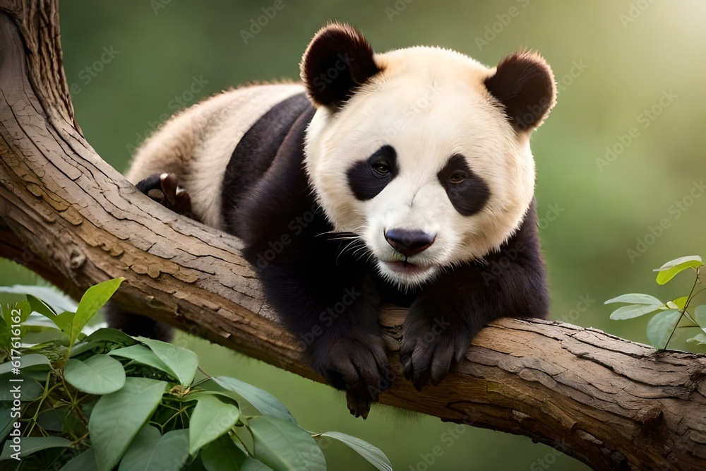 Obraz premium Giant panda resting comfortably on a thick tree branch surrounded by lush green foliage in a natural.