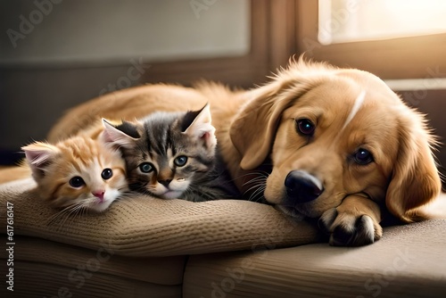 innocent puppy and kittens sleeping generated by AI tool