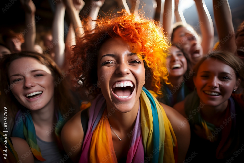 Close-up of a woman at an LGTBI Pride celebration, surrounded by other women. Love and unity in full colour. Generative AI.