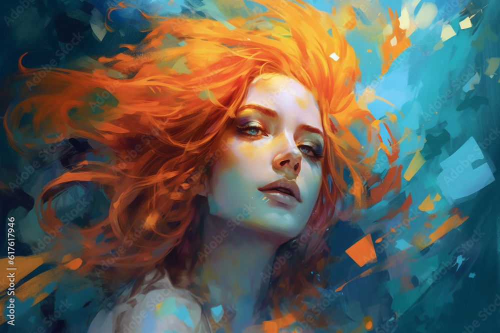 surrealistic abstract painting showcases women with colorful hair and eyes, combining drawing and painting techniques to create a visually striking and imaginative composition. Generative AI.