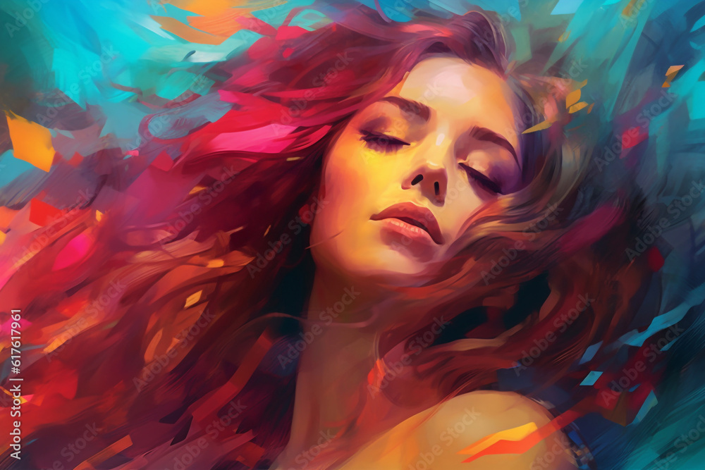 Fototapeta premium surrealistic abstract painting showcases women with colorful hair and eyes, combining drawing and painting techniques to create a visually striking and imaginative composition. Generative AI.