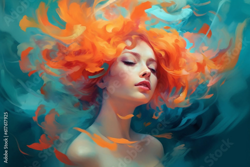 surrealistic abstract painting showcases women with colorful hair and eyes  combining drawing and painting techniques to create a visually striking and imaginative composition. Generative AI.
