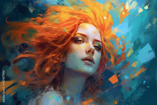 surrealistic abstract painting showcases women with colorful hair and eyes, combining drawing and painting techniques to create a visually striking and imaginative composition. Generative AI.