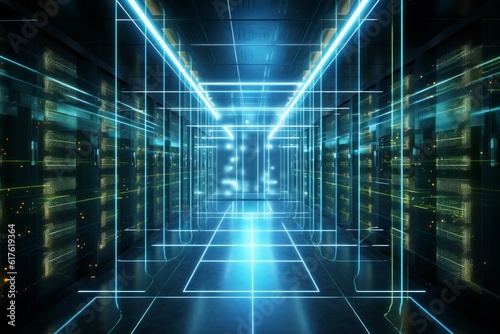 modern server room with blue lights and blue lines, super computer room, data warehouse, computer data storage, empty data server room style of digital Generative AI