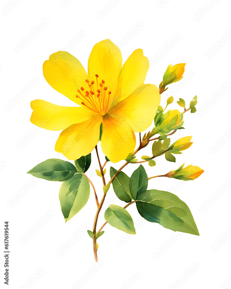 Watercolor bouquet of yellow hypericum flowers with leaves isolated