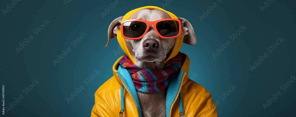 A fashionable dog with trendy winter jacket, scarf and sunglasses - Generative Ai A fashionable dog with trendy winter jacket, scarf and sunglasses - Generative Ai