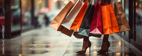 Woman in high heels with many retail store shopping bags - Generative Ai