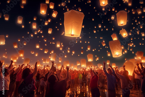 Asian people releasing white paper lanterns into the night sky, creating a breathtaking spectacle at the Sky Lantern Festival. Generative AI. © Surachetsh