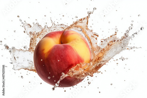 Peach in spray of water. Juicy peach with splash on white background