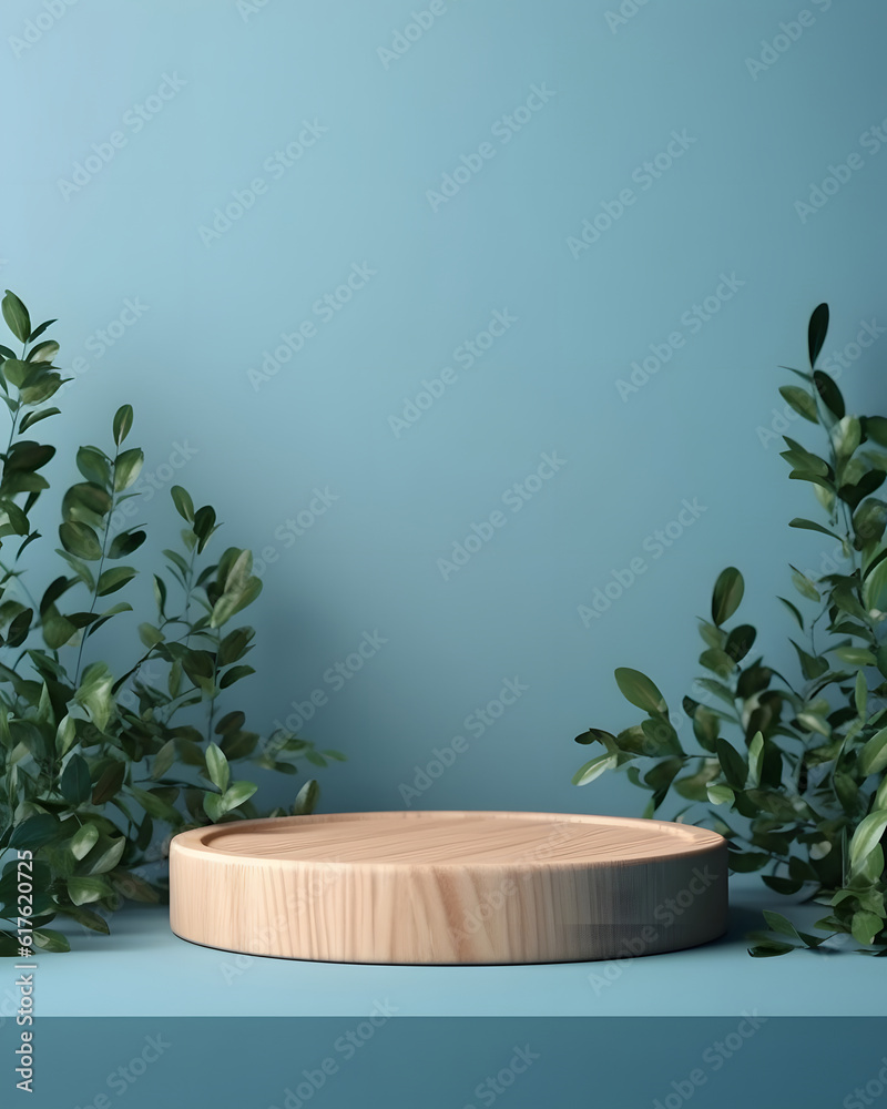 Round product display on blue background with green eucalyptus leaves and shadows Round product display on blue background with green eucalyptus leaves and shadows
