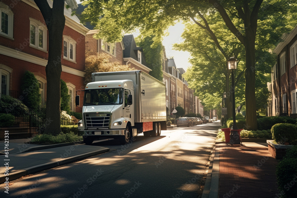 illustration of a moving truck in an urban environment. generative ai.