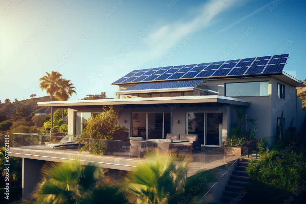 Illustration of a residential unit with solar panels on the roof. Generative AI. Illustration of a residential unit with solar panels on the roof. Generative AI.