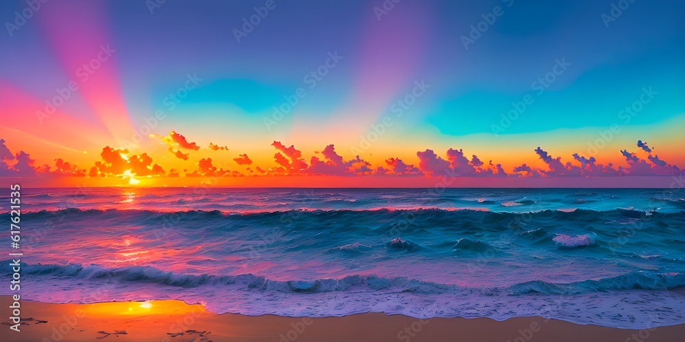 A colorful sunset over the ocean with waves created with Generative AI technology