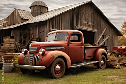 Illustration of an old farm truck in the country. Generative AI. 