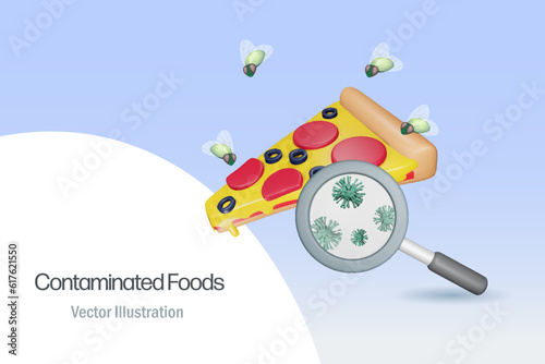 Contaminated foods, food poisoning, food safety and biotechnology laboratory research. Magnifying glass display bacteria, virus from pizza, unclean food sampling with flies around. 3D vector.