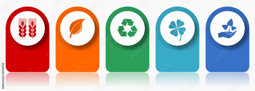Agriculture icon set, miscellaneous vector icons such as wheat, leaf, recycling, clover and seedling, modern design infographic template, web buttons in 5 color options Agriculture icon set, miscellaneous vector icons such as wheat, leaf, recycling, clover and seedling, modern design infographic template, web buttons in 5 color options